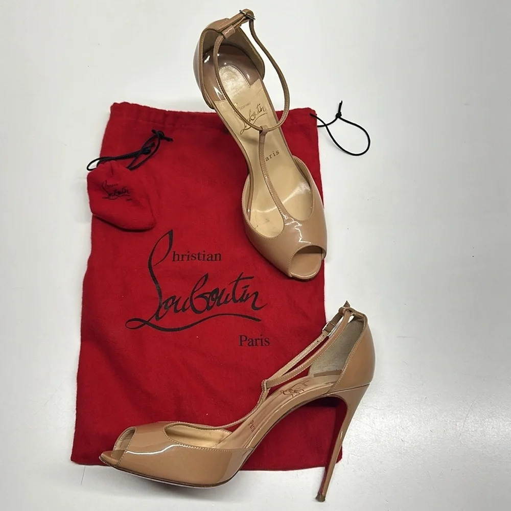 Christian Louboutin Senora T-strap High Heel Heels Shoes 100 MM Tan Nude Size 38